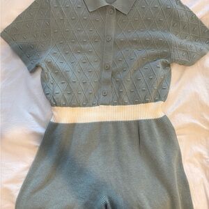 Zara Girls Short-Sleeve Knit Jumpsuit in light green with Cream Waist